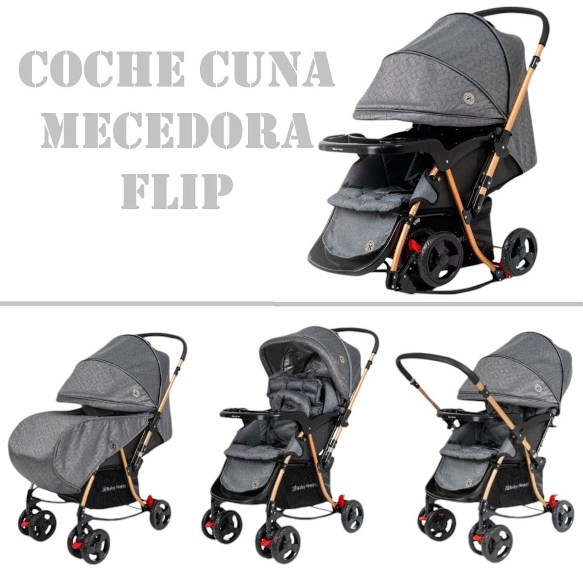 BABY HAPPY - Coche cuna mecedora FLIP con bandeja plomo