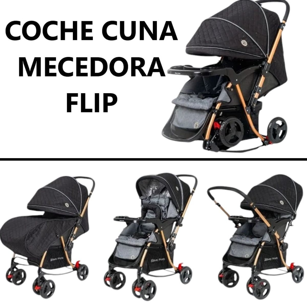 BABY HAPPY - Coche cuna mecedora FLIP con bandeja plomo