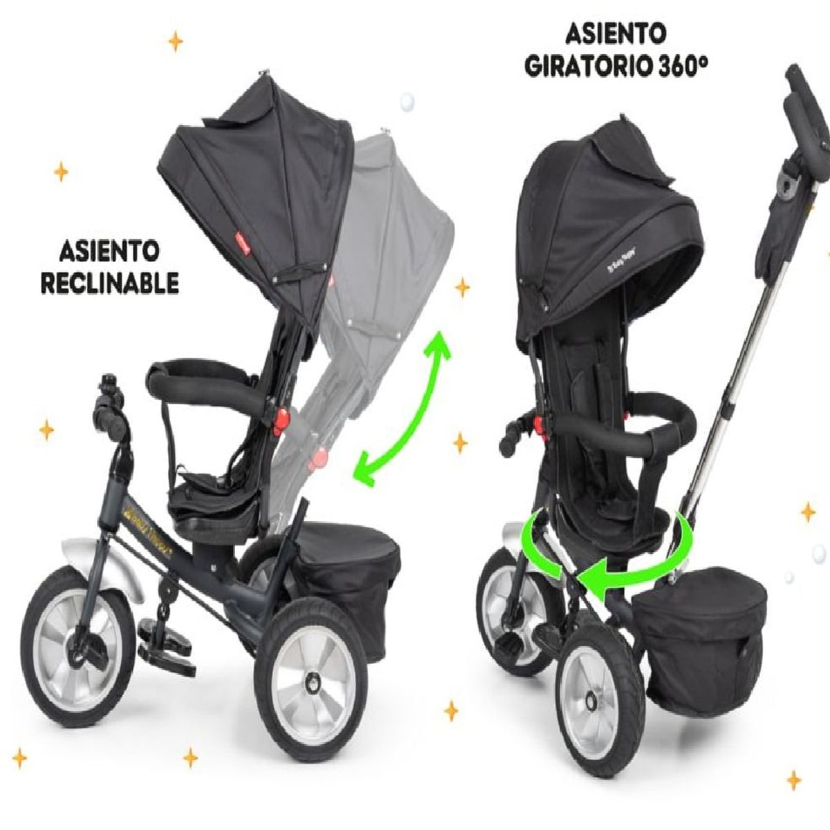 BABY HAPPY - Triciclo para Niños Trek con asiento reversible Negro