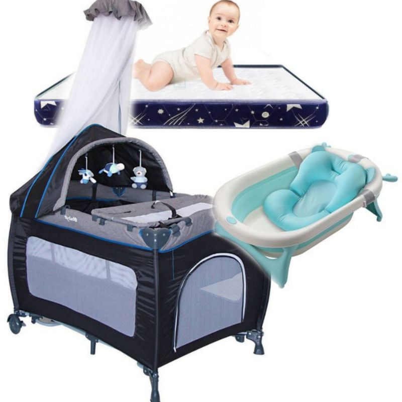 EBABY - Cuna Corral SALLY CELESTE Tina Plegable CELESTE Colchón AZUL