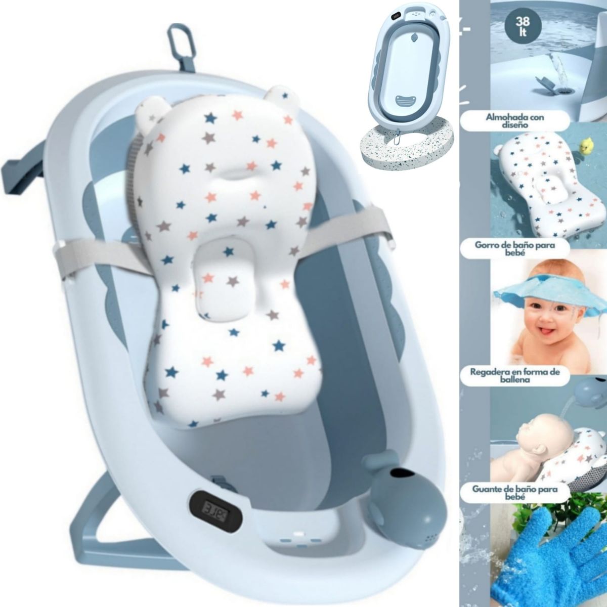EBABY - Cuna Corral SALLY CELESTE Tina Plegable CELESTE Colchón AZUL
