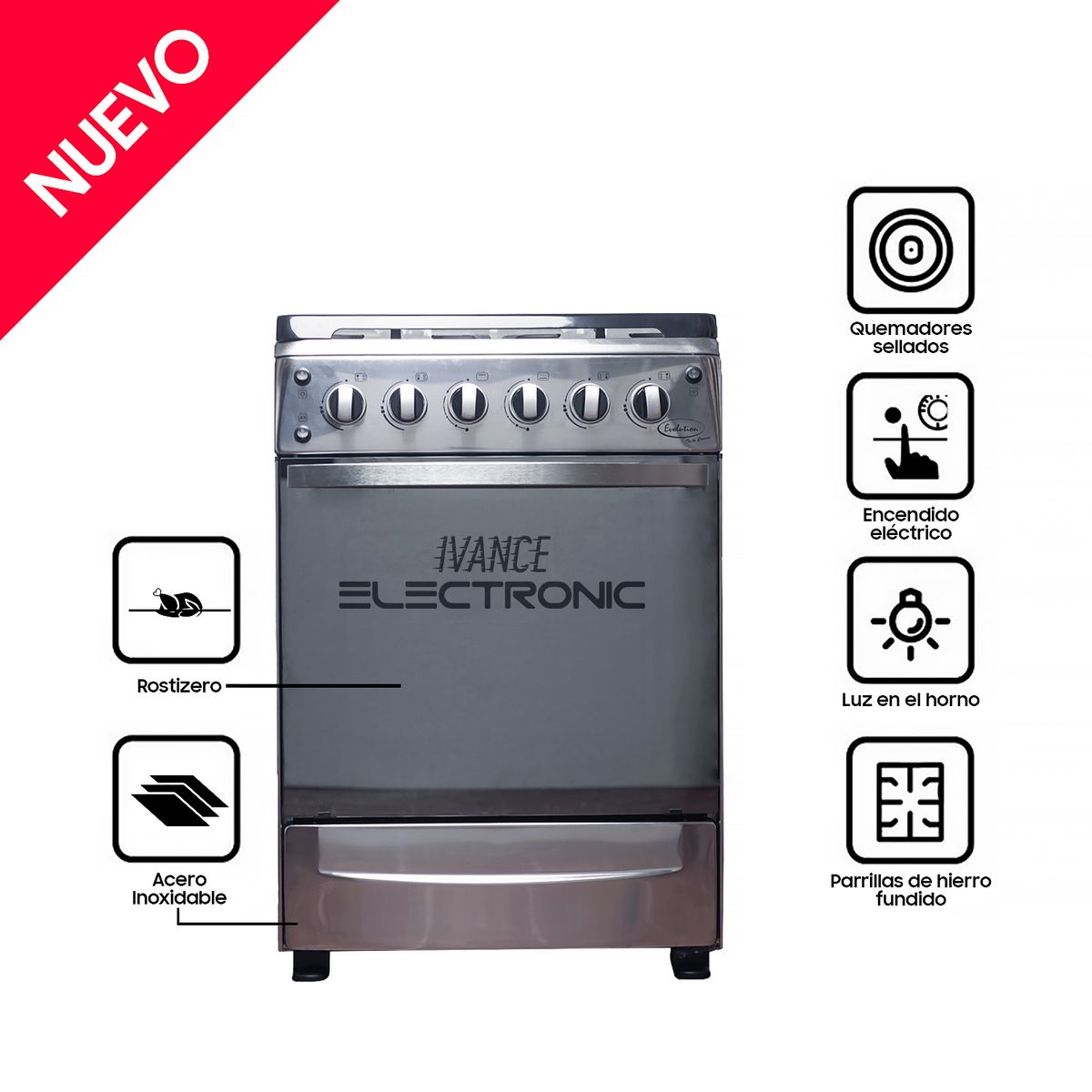 EVOLUTION - Cocina a Gas 4 Hornillas Triple Llama (Acero Inoxidable) Croma 24"