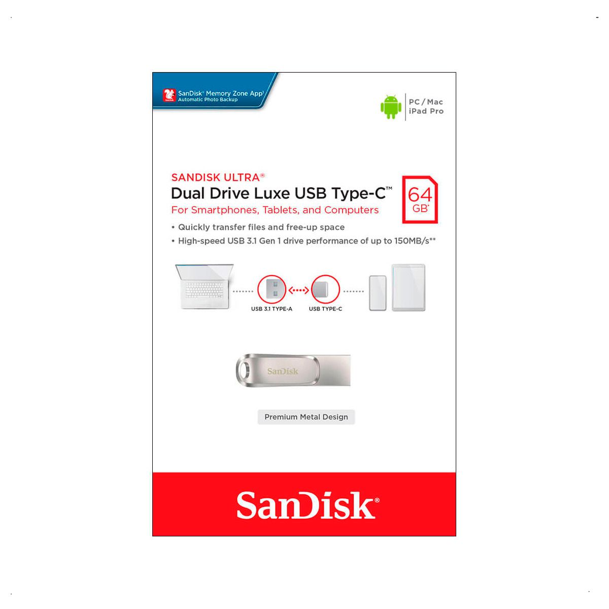 SANDISK - Memoria Sandisk Dual Drive 64 Gb Tipo C Usb 3.1