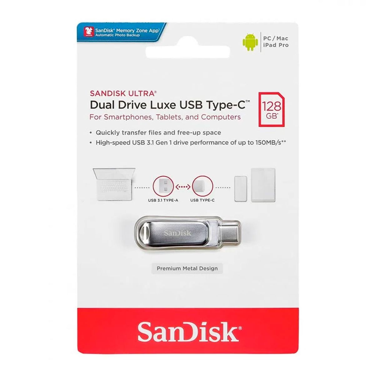 SANDISK - Memoria Sandisk Dual Drive 128 Gb Tipo C Usb 3.1