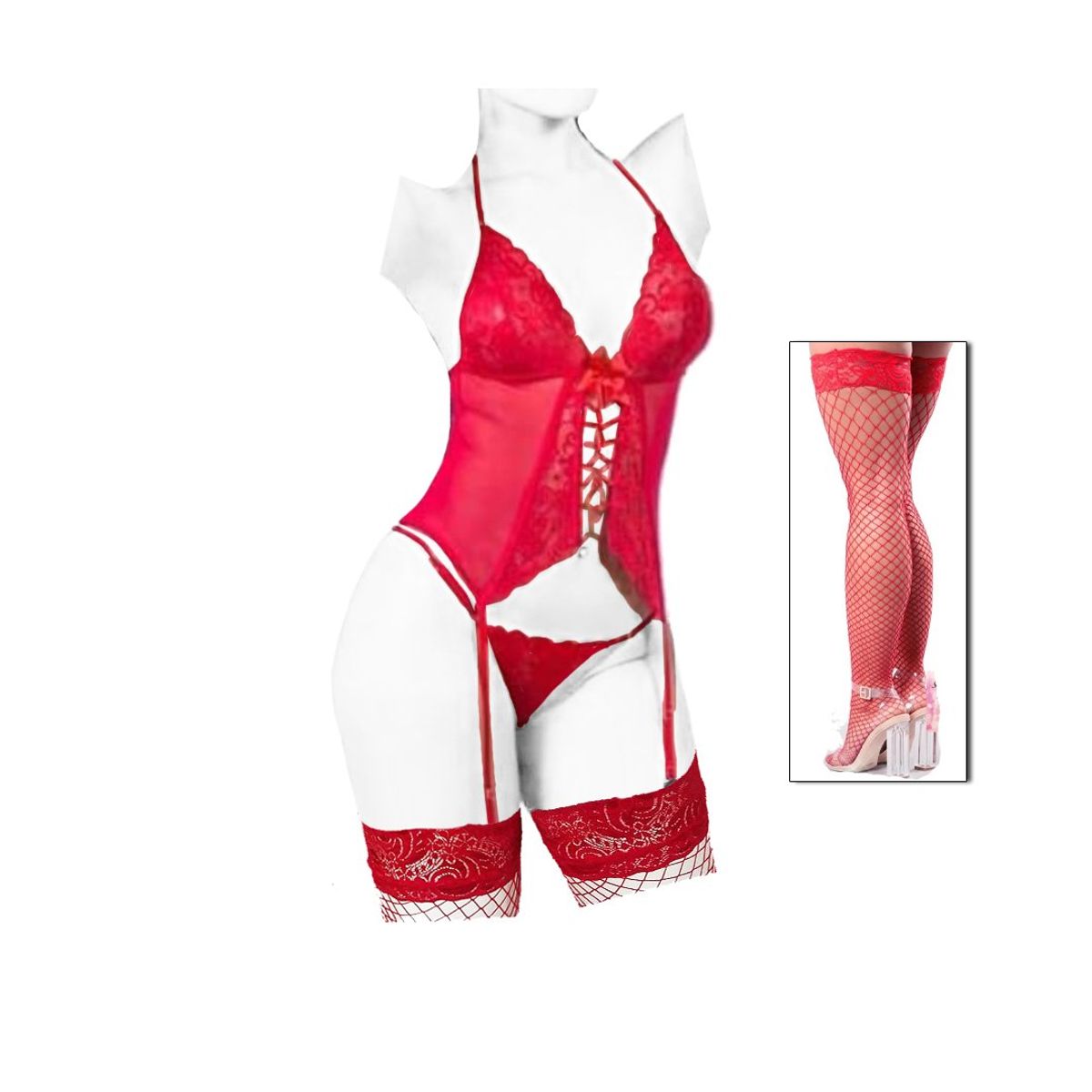 GENERICO - Conjunto Bustier con Portaligas tanga y medias de regalo_.