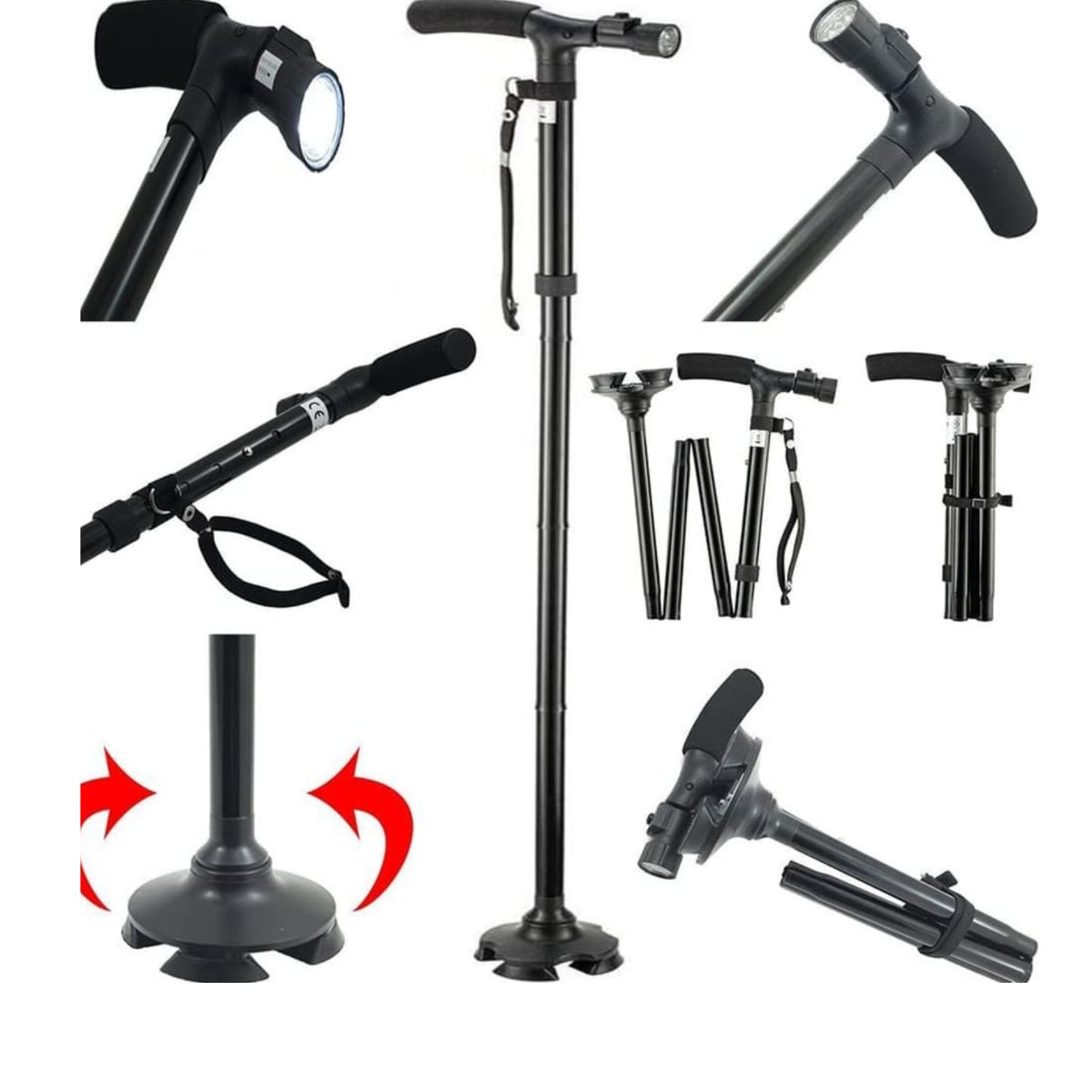 GENERICO - Bastón Plegable Negro + Luz Led + 4 Soportes Antideslizante