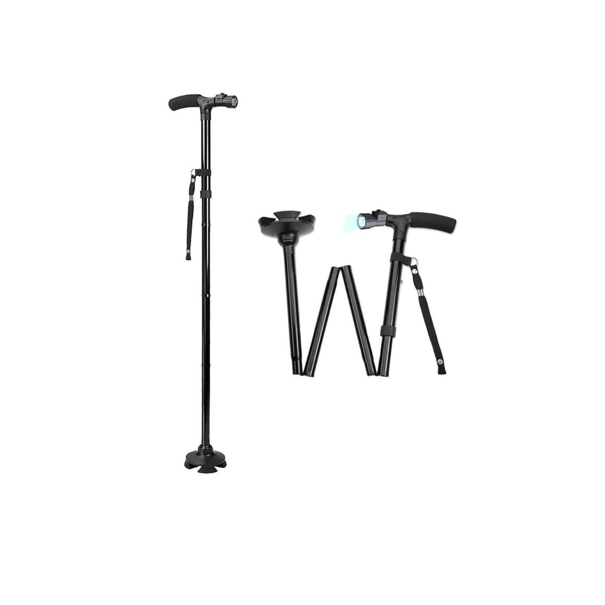 GENERICO - Bastón Plegable Negro + Luz Led + 4 Soportes Antideslizante