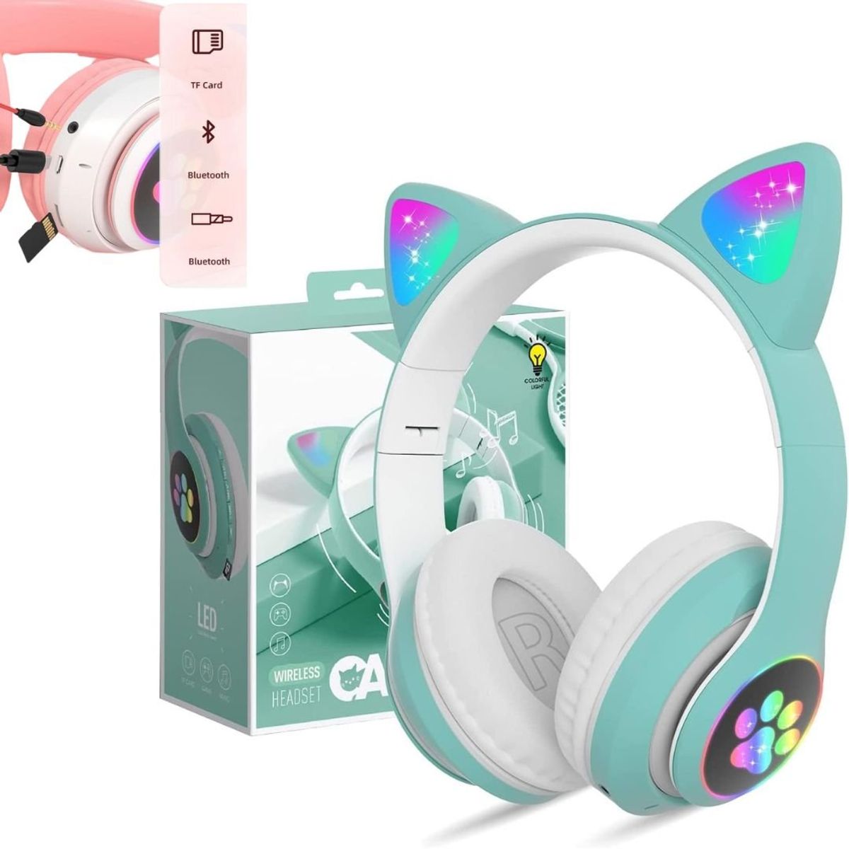 GENERICO - Audífonos Inalámbricos Diadema Orejas De Gato Verde.