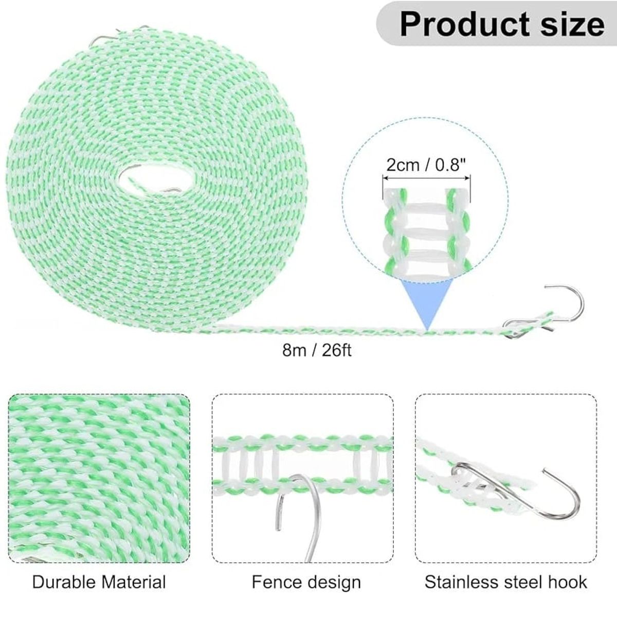 GENERICO - Tendedero Cordel 8 metros para ropa verde