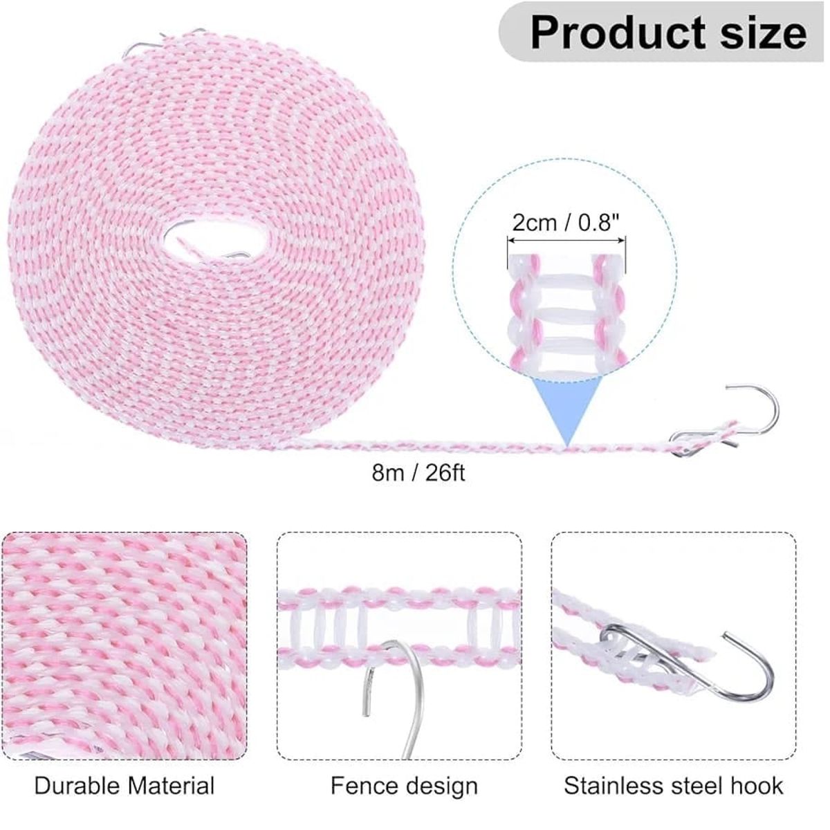 GENERICO - Tendedero Cordel 8 metros para ropa rosa