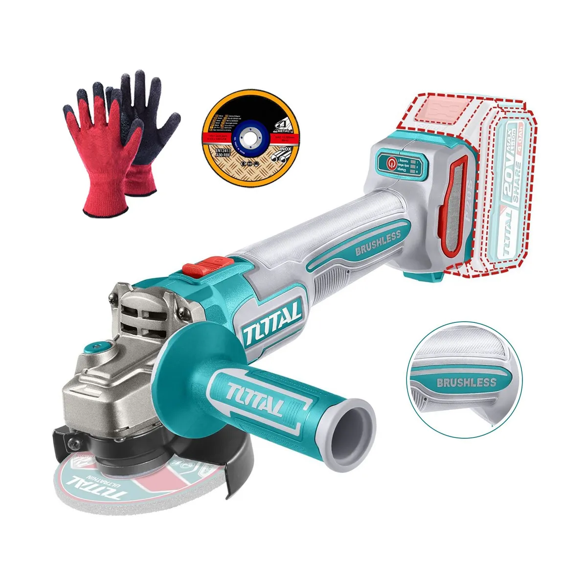 TOTAL TOOLS - AMOLADORA 20V INALÁMBRICA TOTAL BRUSHLESS 4½ + DISCO CORTE