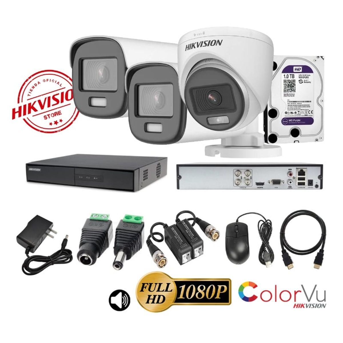 HIKVISION - kit 3 Cámaras Seguridad FULLHD Color VU con AUDIO Hikvision + 1TB