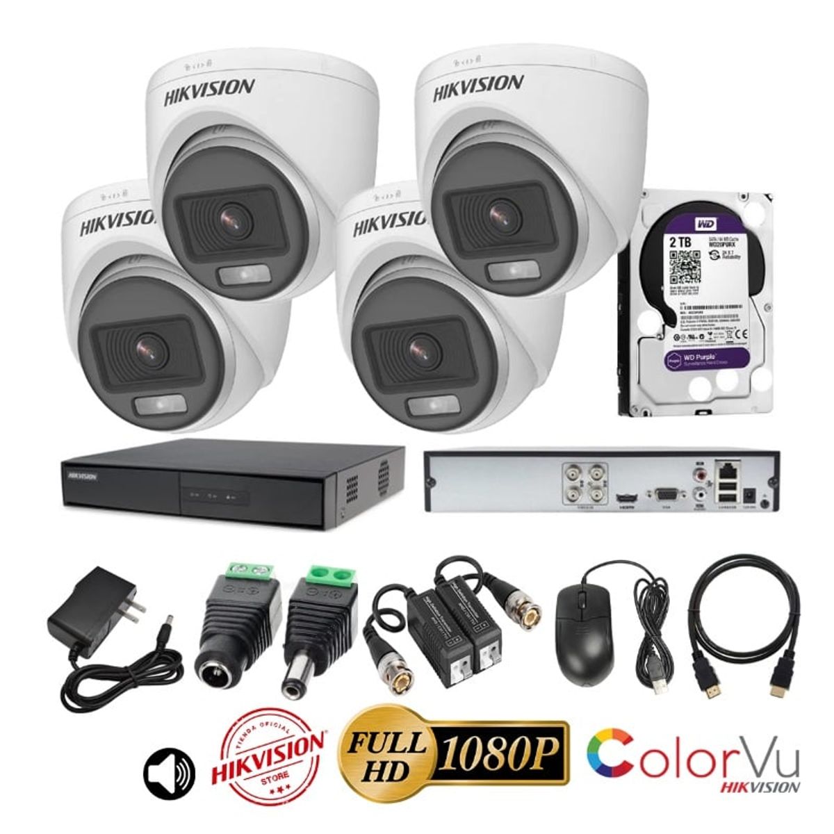 HIKVISION - kit 4 Cámaras Seguridad Domo FULLHD Color VU con AUDIO Hikvision + 2TB