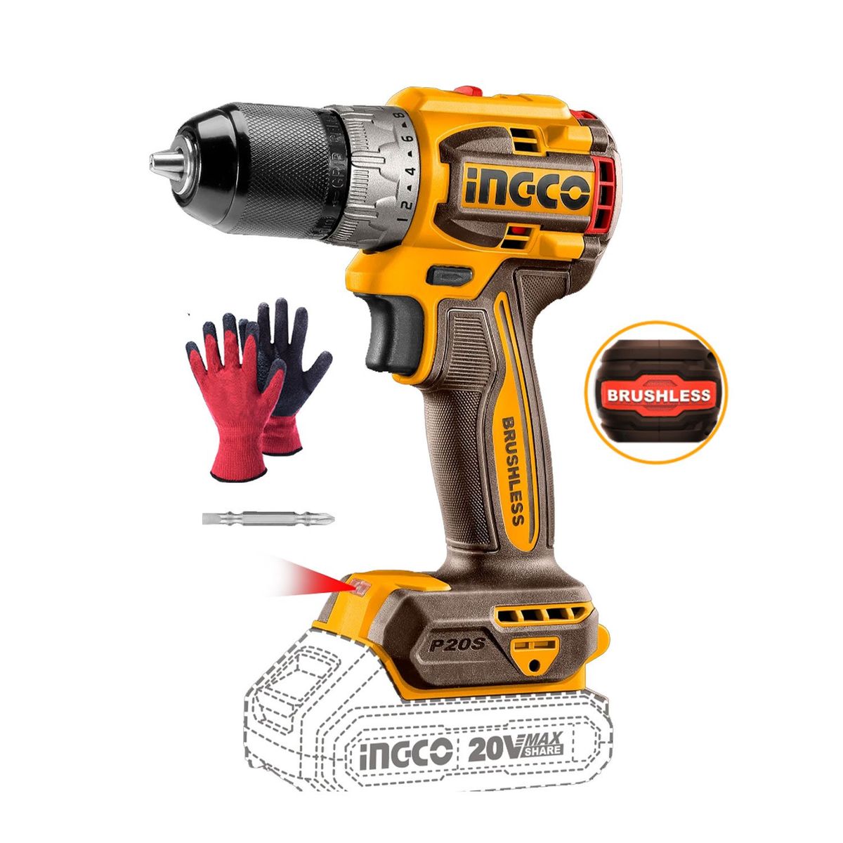 INGCO TOOLS - TALADRO ATORNILLADOR ½ 20V BRUSHLESS GUANTE ANTI CORTE INGCO