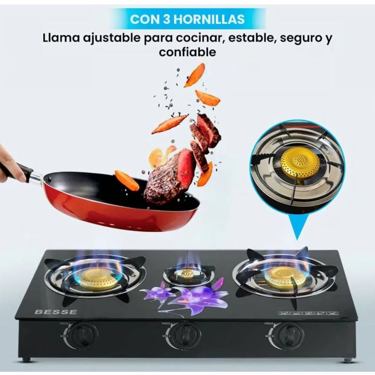 DC - Cocina de Mesa a Gas de 3 Hornillas Vitrocerámico