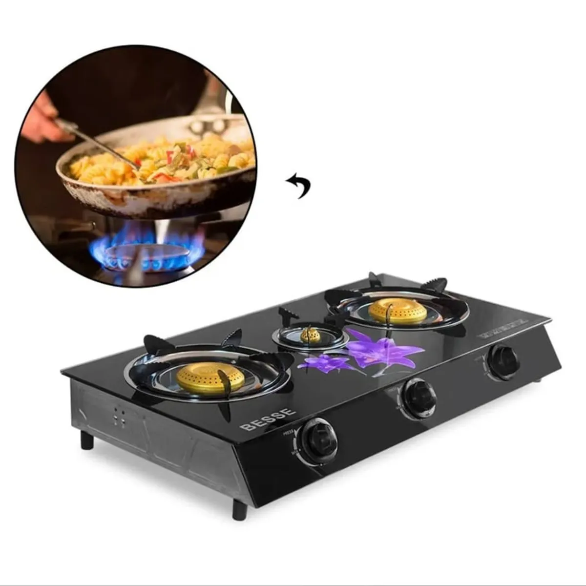 DC - Cocina de Mesa a Gas de 3 Hornillas Vitrocerámico