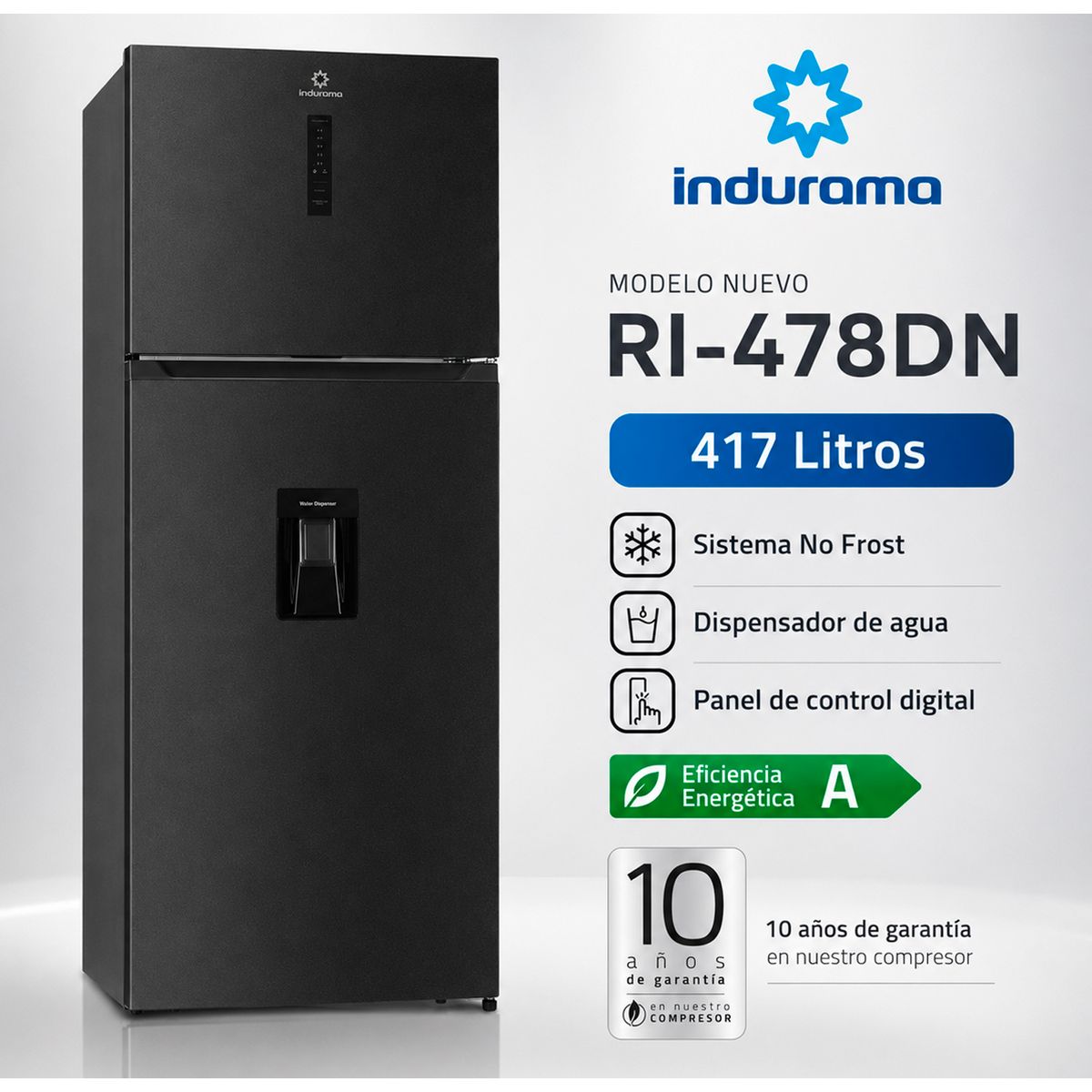 INDURAMA - REFRIGERADORA INDURAMA RI-478DN 417L TOP FREEZER-NO FROST DIGITAL Y DISPENSADOR-NEGRO
