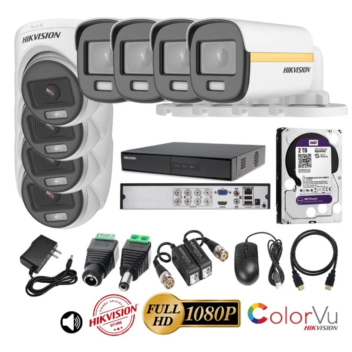 HIKVISION - kit 8 Cámaras Seguridad FULLHD Color VU con AUDIO Hikvision + 2TB