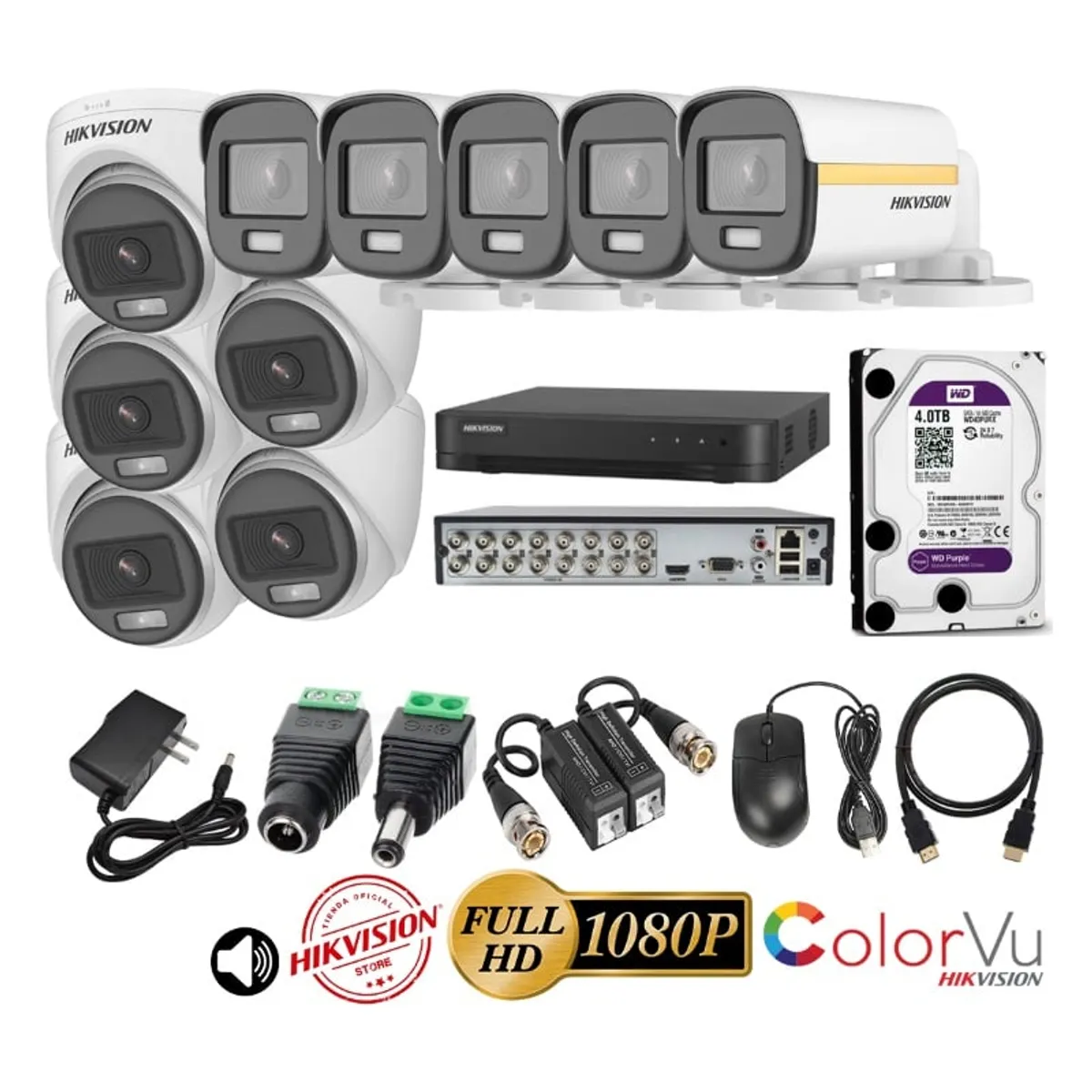HIKVISION - kit 10 Cámaras Seguridad FULLHD Color VU con AUDIO Hikvision + 4TB