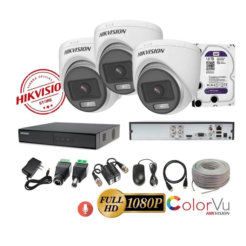 HIKVISION - kit 3 Cámaras Seguridad Domo FULLHD Color VU con AUDIO Hikvision + 1TB + Cable