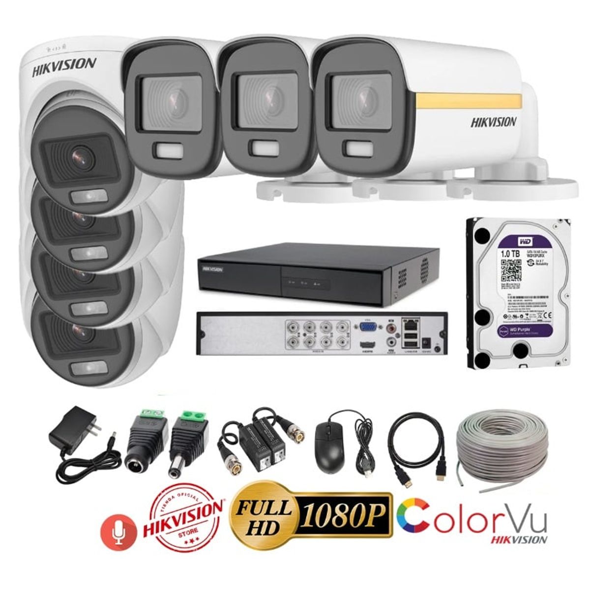 HIKVISION - kit 7 Cámaras Seguridad FULLHD Color VU con AUDIO Hikvision + 1TB + Cable