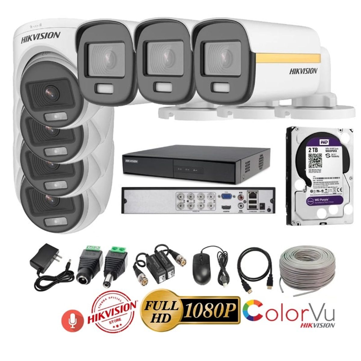 HIKVISION - kit 7 Cámaras Seguridad FULLHD Color VU con AUDIO Hikvision + 2TB + Cable