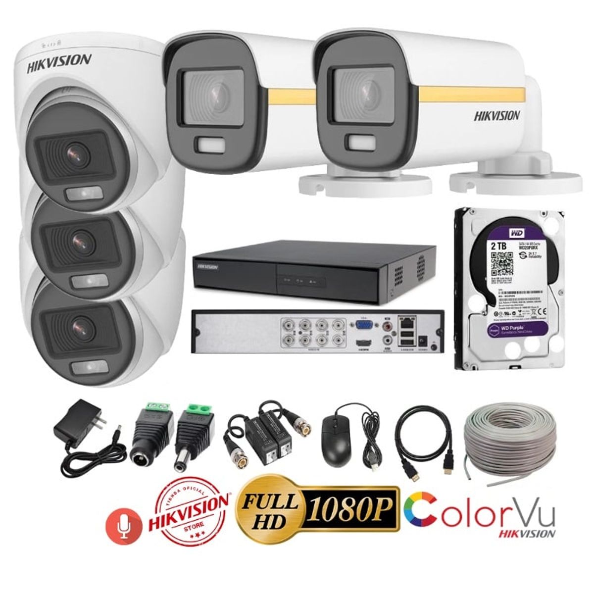 HIKVISION - kit 5 Cámaras Seguridad FULLHD Color VU con AUDIO Hikvision + 2TB + Cable