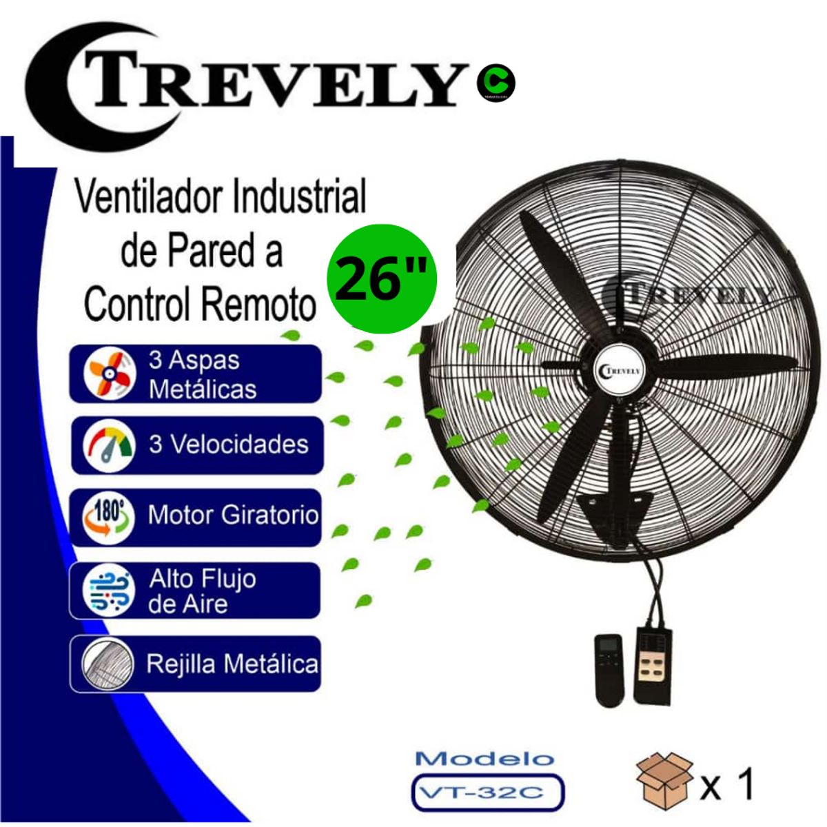 TREVELY - Ventilador Industrial de Pared TREVELY 26"  VT-27C Control Remoto