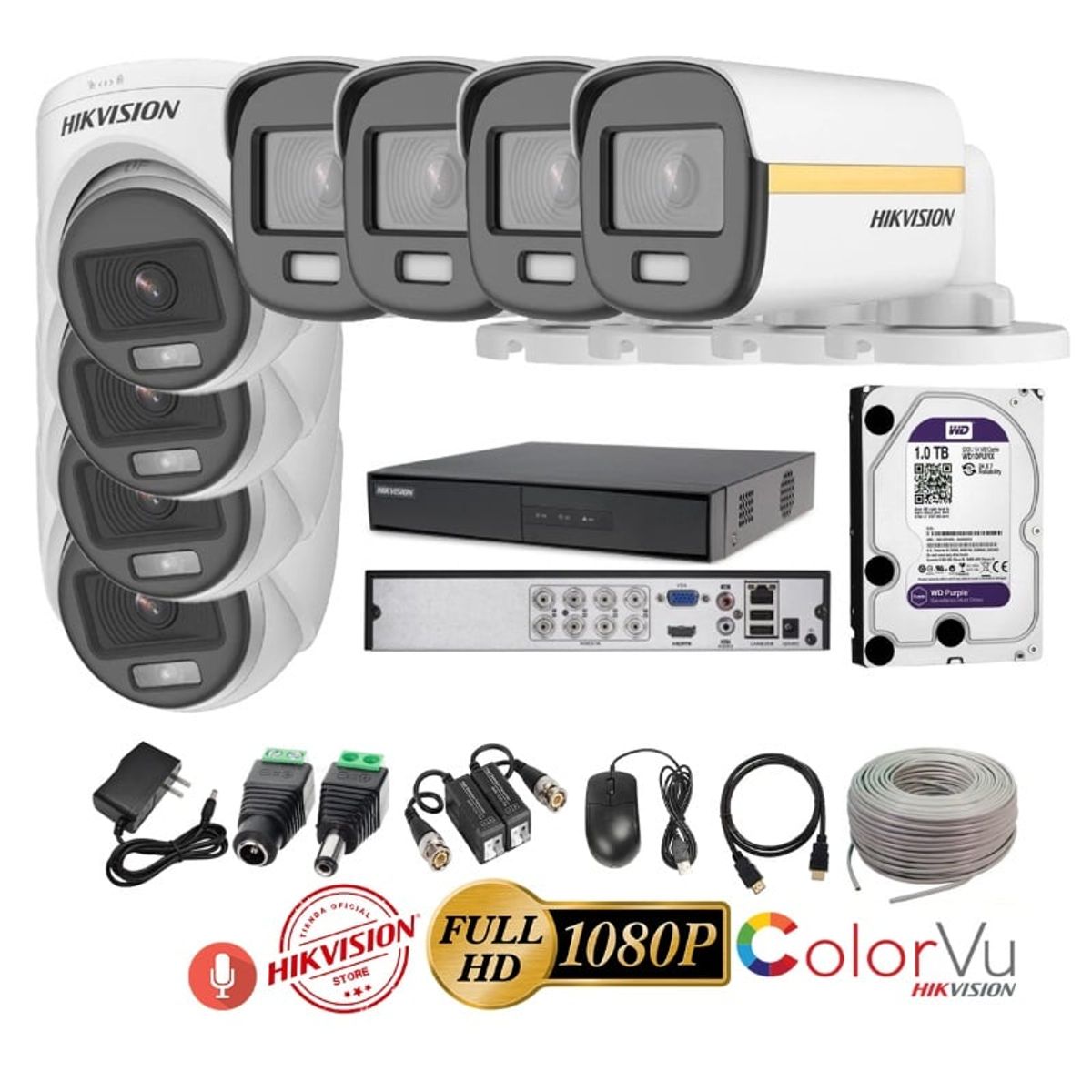 HIKVISION - kit 8 Cámaras Seguridad FULLHD Color VU con AUDIO Hikvision + 1TB + Cable