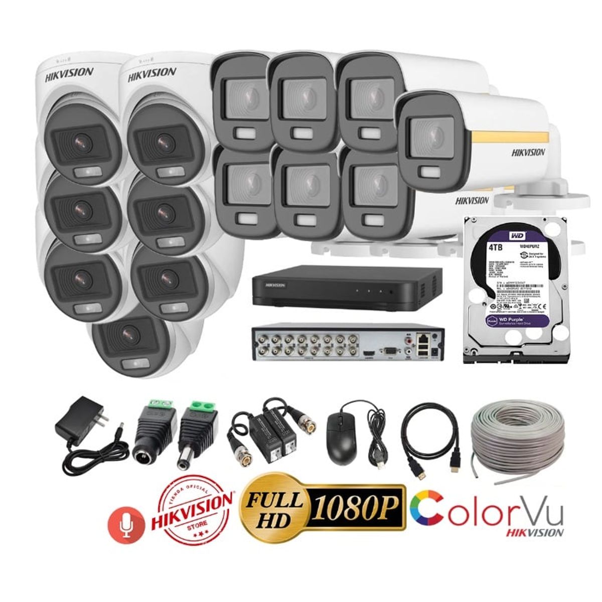 HIKVISION - kit 14 Cámaras Seguridad FULLHD Color VU con AUDIO Hikvision + 4TB + Cable