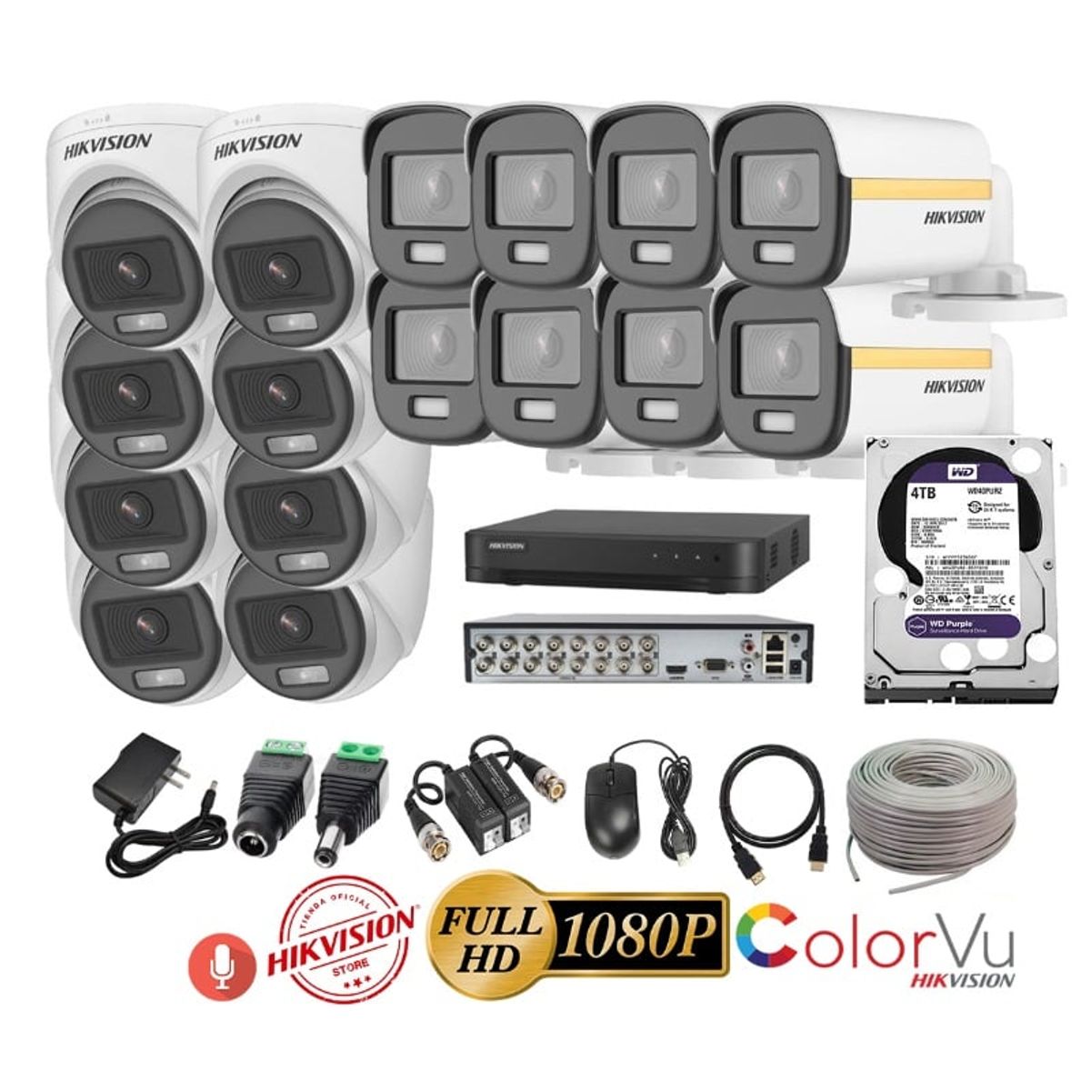 HIKVISION - kit 16 Cámaras Seguridad FULLHD Color VU con AUDIO Hikvision + 4TB + Cable