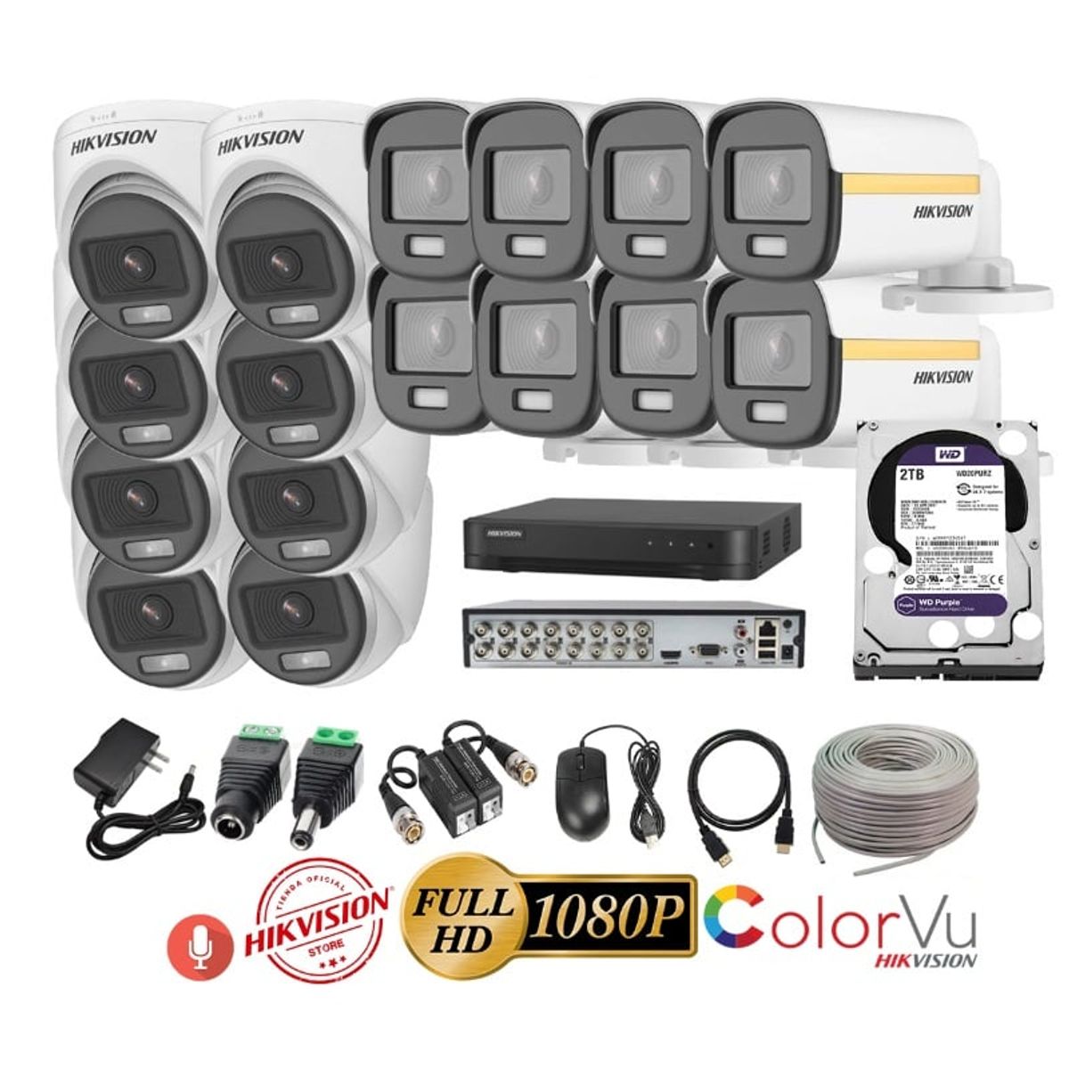 HIKVISION - kit 16 Cámaras Seguridad FULLHD Color VU con AUDIO Hikvision + 2TB + Cable