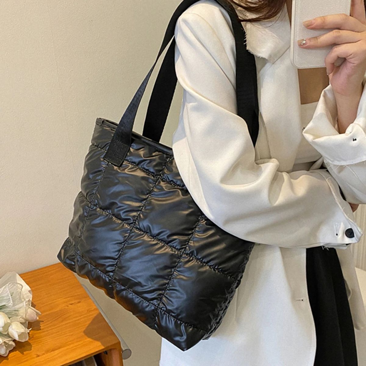 GENERICO - Bolso Hombro Mano Tote Bag Negro Puffer Shopper  Mujer Viaje Genieka