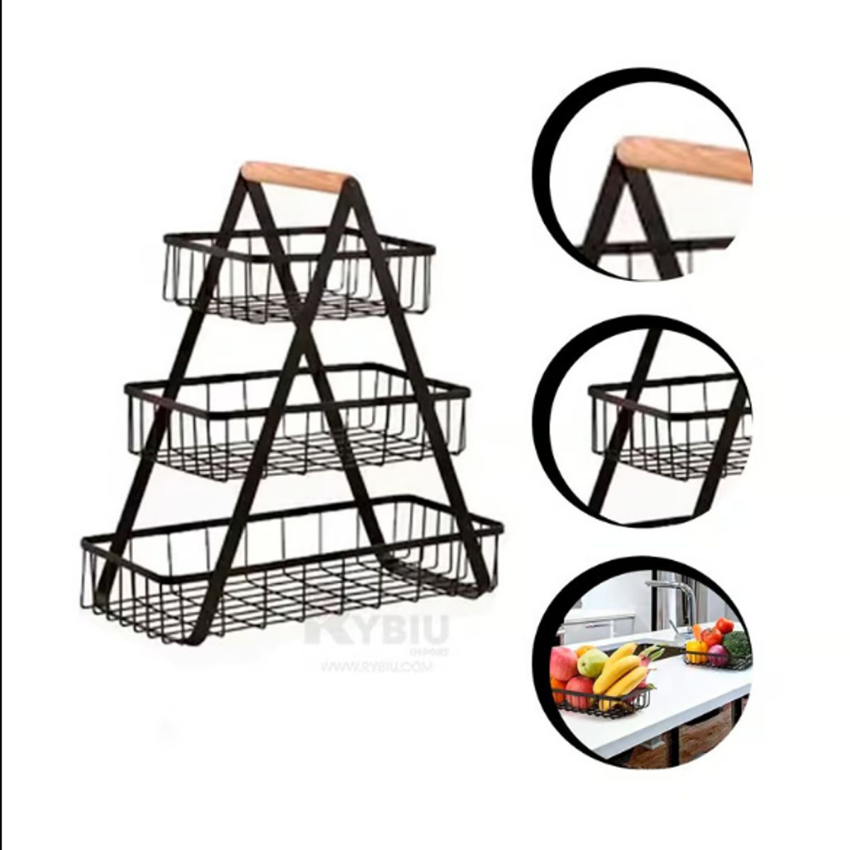 GENERICO - Cesta Rectangular de 3 Niveles para Frutas acero