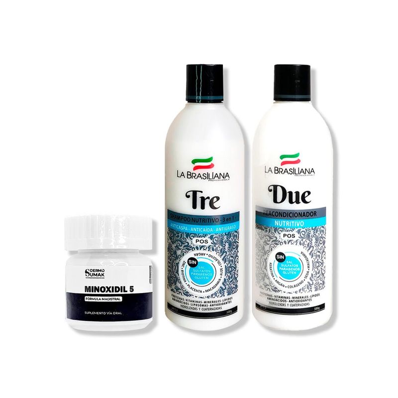 IMPORTADO MC - MINOXIDIL 5MG CAPS 60 + SHAMPOO TRE 500GR + ACONDICIONADOR DUE 500GR