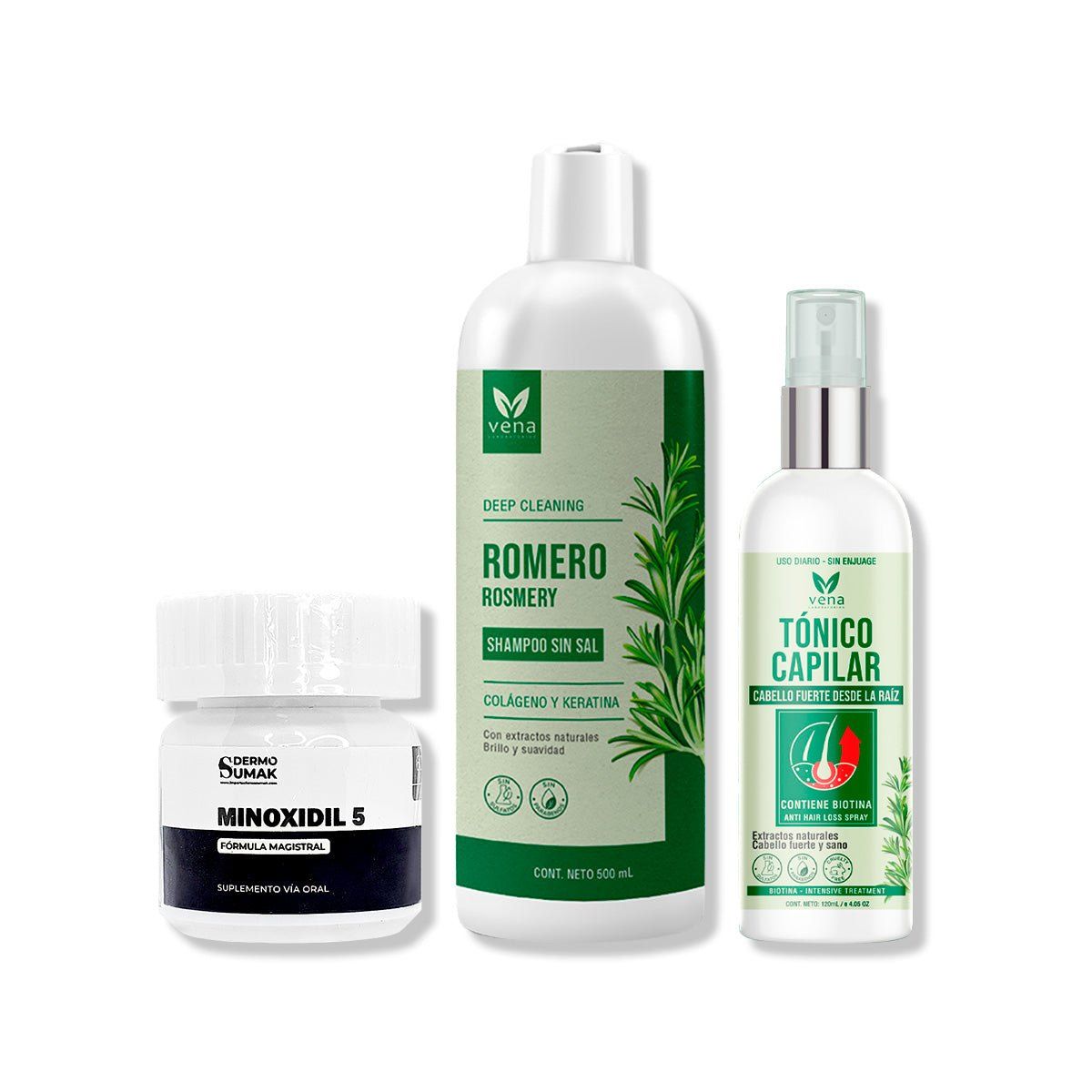 IMPORTADO MC - MINOXIDIL 5MG CAPS 60 + SHAMPOO ROMERO VENA + TÓNICO CAPILAR VENA