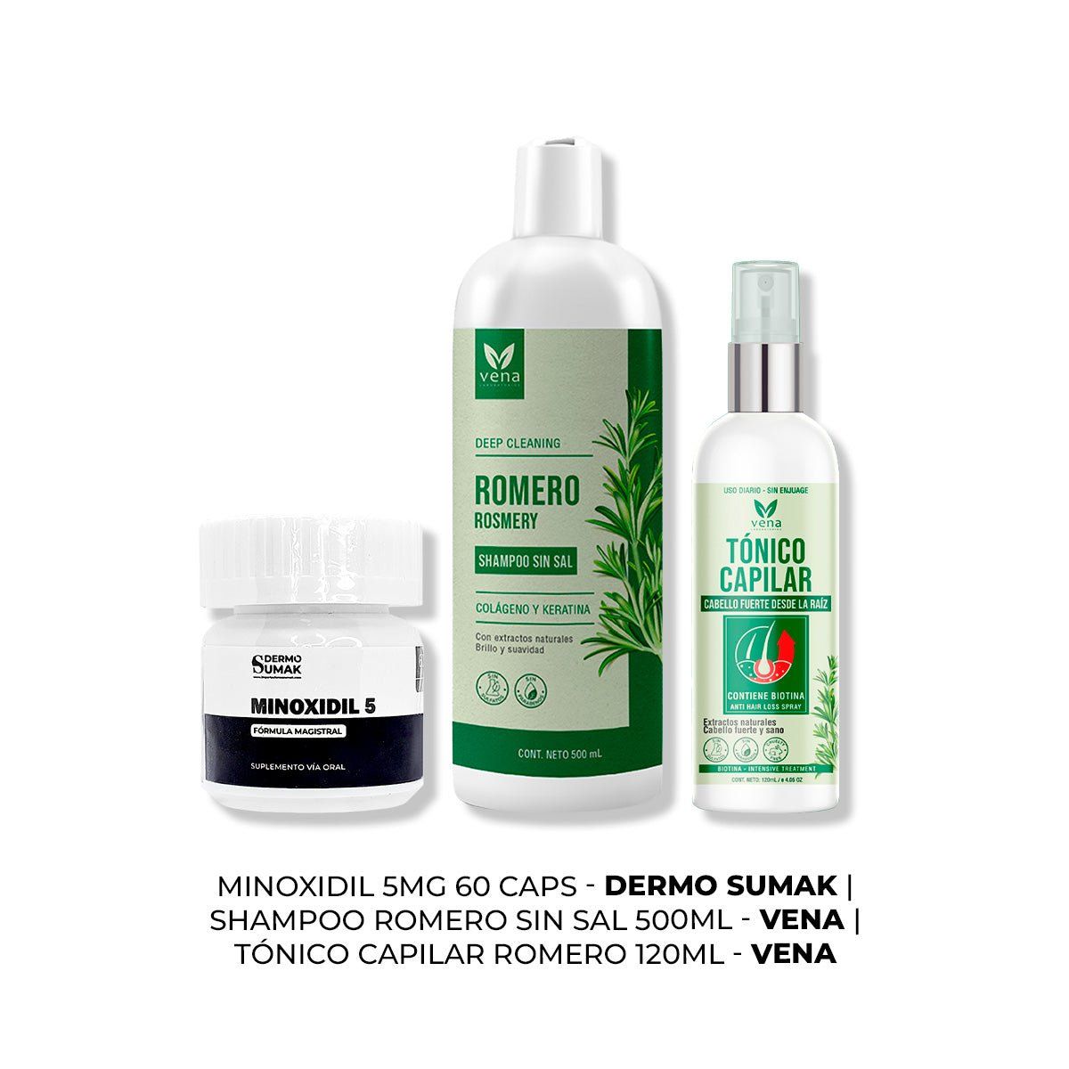 IMPORTADO MC - MINOXIDIL 5MG CAPS 60 + SHAMPOO ROMERO VENA + TÓNICO CAPILAR VENA