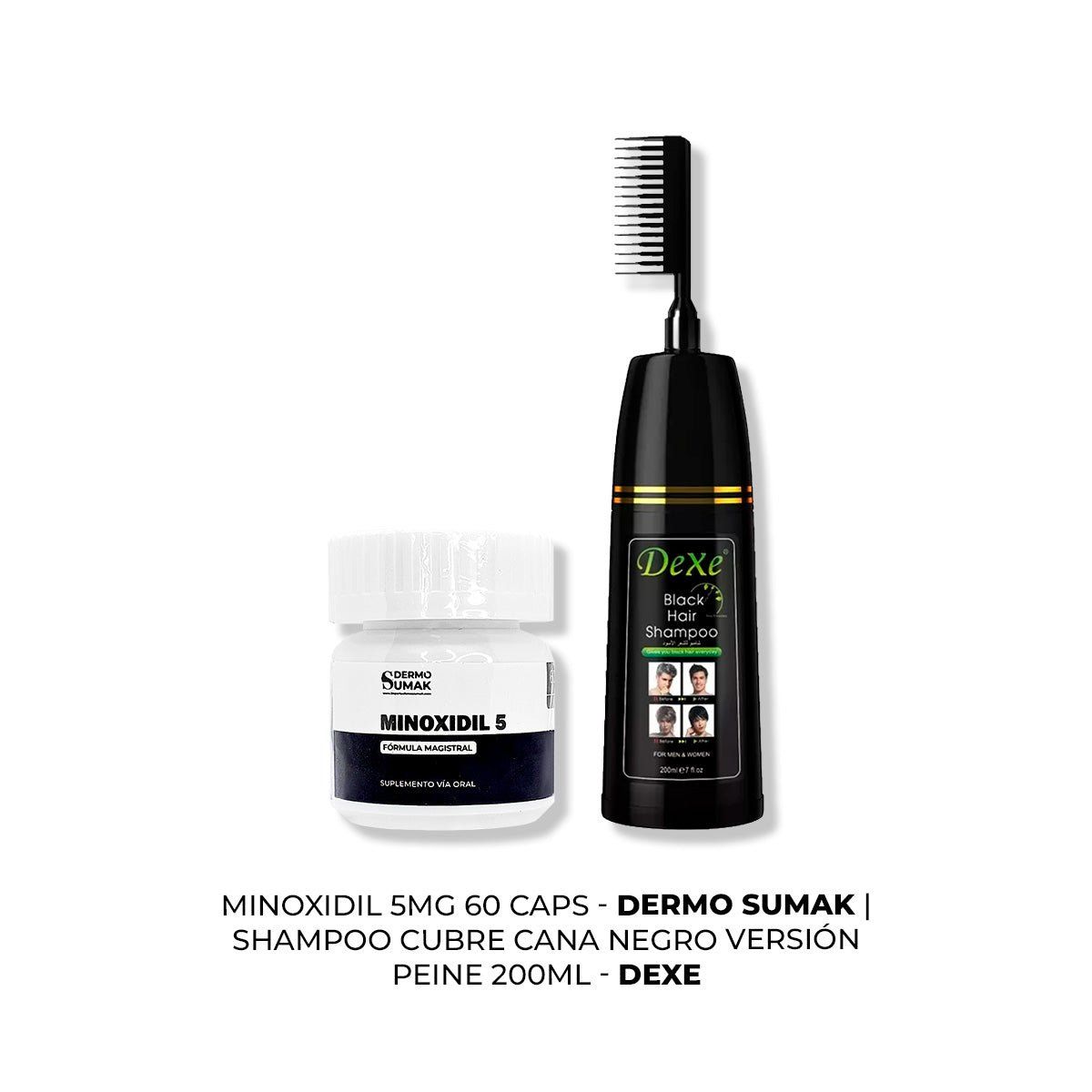 IMPORTADO MC - MINOXIDIL 5MG CAPS 60 + SHAMPOO TINTE NEGRO VERSIÓN PEINE 200ML