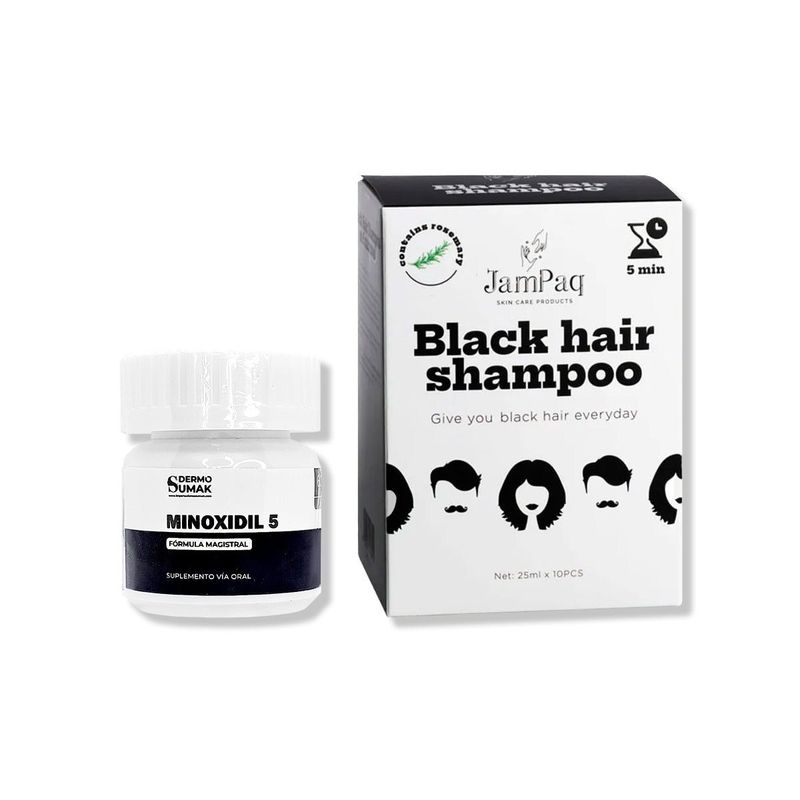 IMPORTADO MC - MINOXIDIL 5MG CAPS 60 + SHAMPOO CUBRE CANAS NEGRO 250ML X 10UND JAMPAQ
