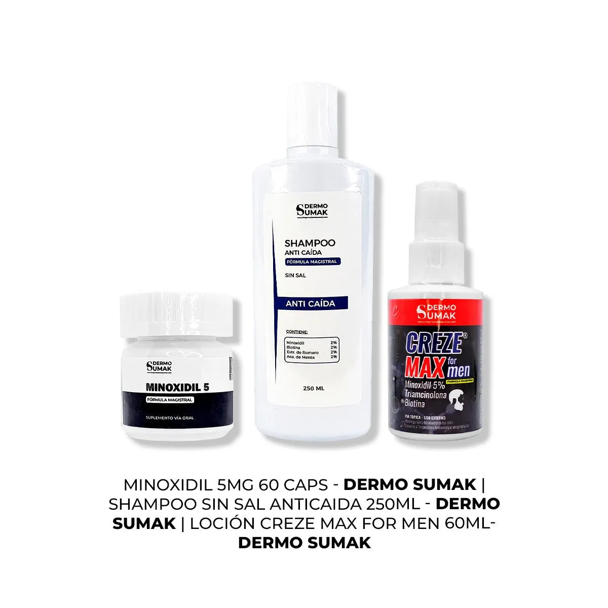 IMPORTADO MC - MINOXIDIL CAPS 60 + SHAMPOO ANTICAÍDA 250ML + LOCIÓN CREZE MAX FORMEN