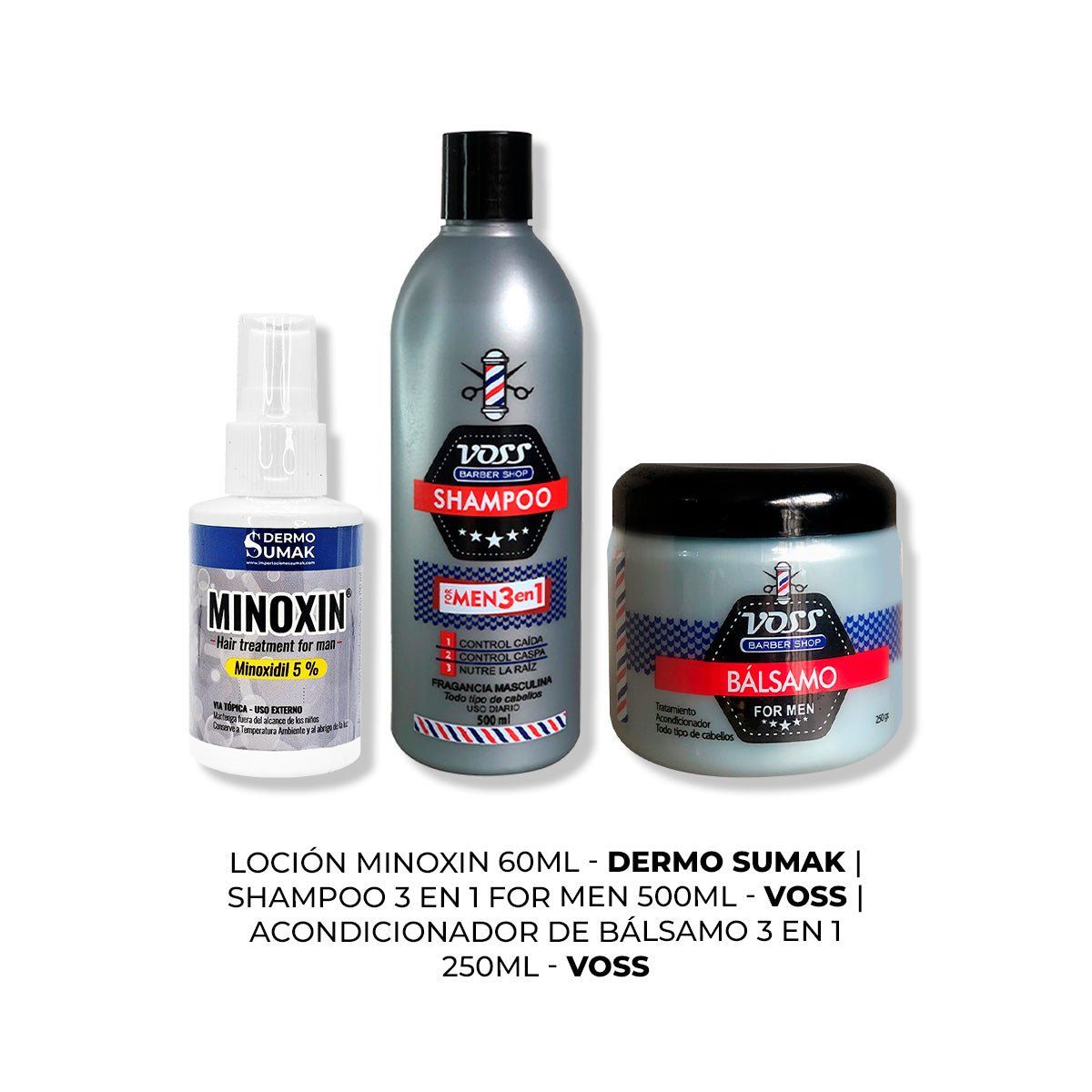 IMPORTADO MC - LOCIÓN MINOXIN 60ML + SHAMPOO VOSS + ACONDICIONADOR DE BÁLSAMO VOSS