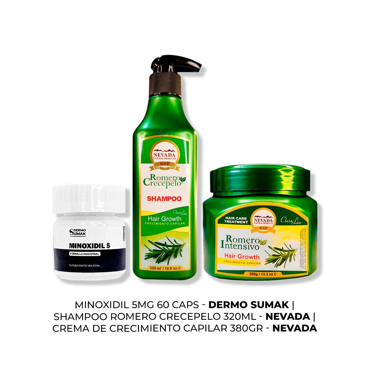 GENERICO - MINOXIDIL 5MG CAPS 60 + SHAMPOO ROMERO 320ML + CREMA DE CRECIMIENTO