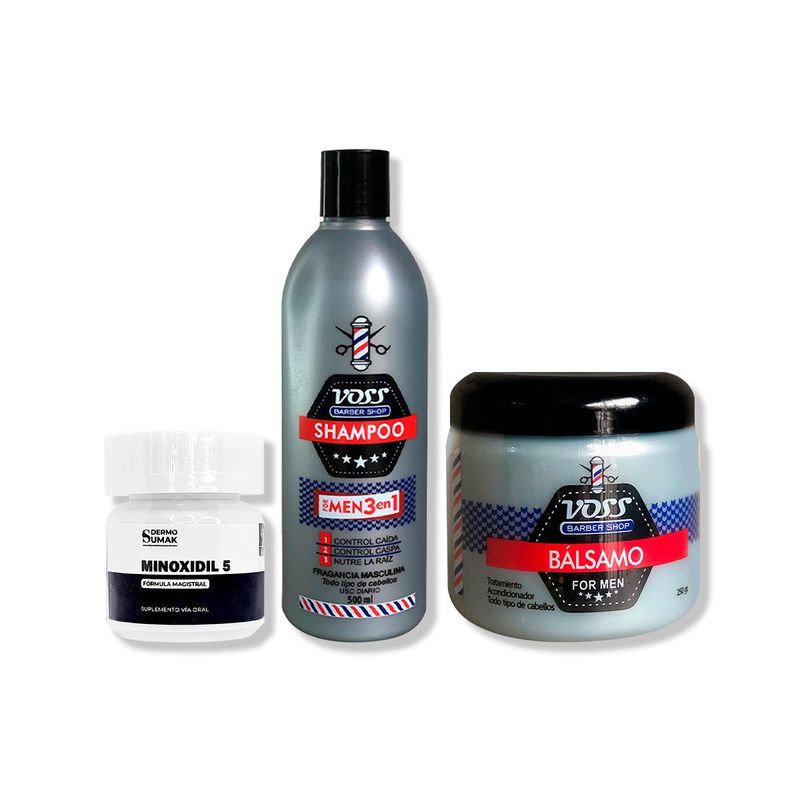 IMPORTADO MC - MINOXIDIL 5MG CAPS 60 + SHAMPOO VOSS + ACONDICIONADOR DE BÁLSAMO VOSS
