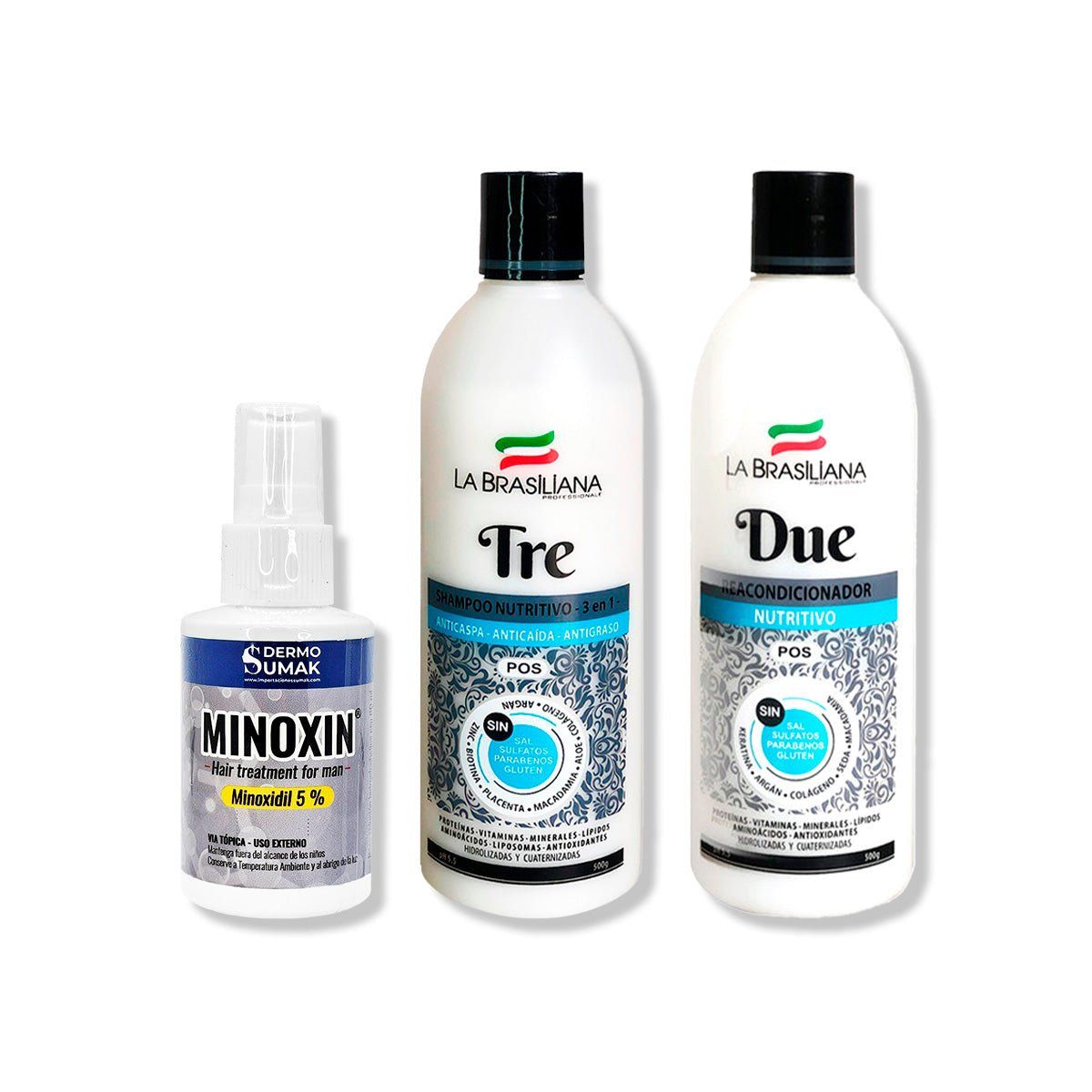 IMPORTADO MC - LOCIÓN MINOXIN 60ML + SHAMPOO TRE 500GR + ACONDICIONADOR DUE 500GR