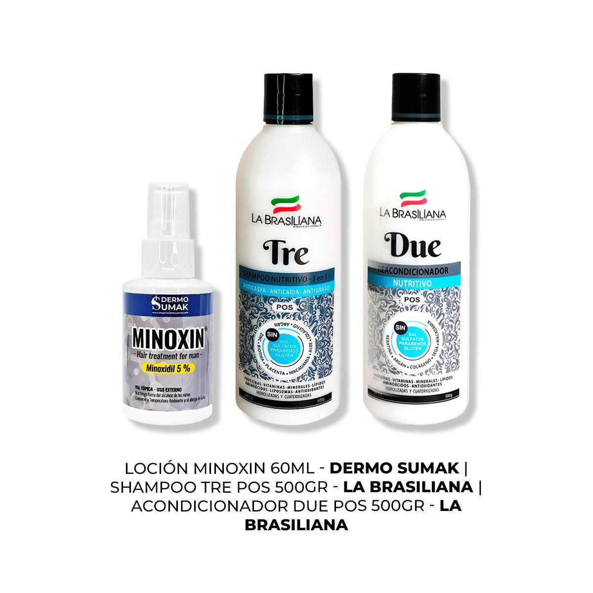 IMPORTADO MC - LOCIÓN MINOXIN 60ML + SHAMPOO TRE 500GR + ACONDICIONADOR DUE 500GR