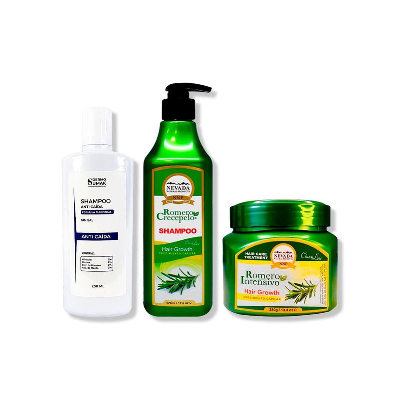 IMPORTADO MC - SHAMPOO ANTICAIDA 250ML + SHAMPOO ROMERO 520ML + CREMA DE CRECIMIENTO