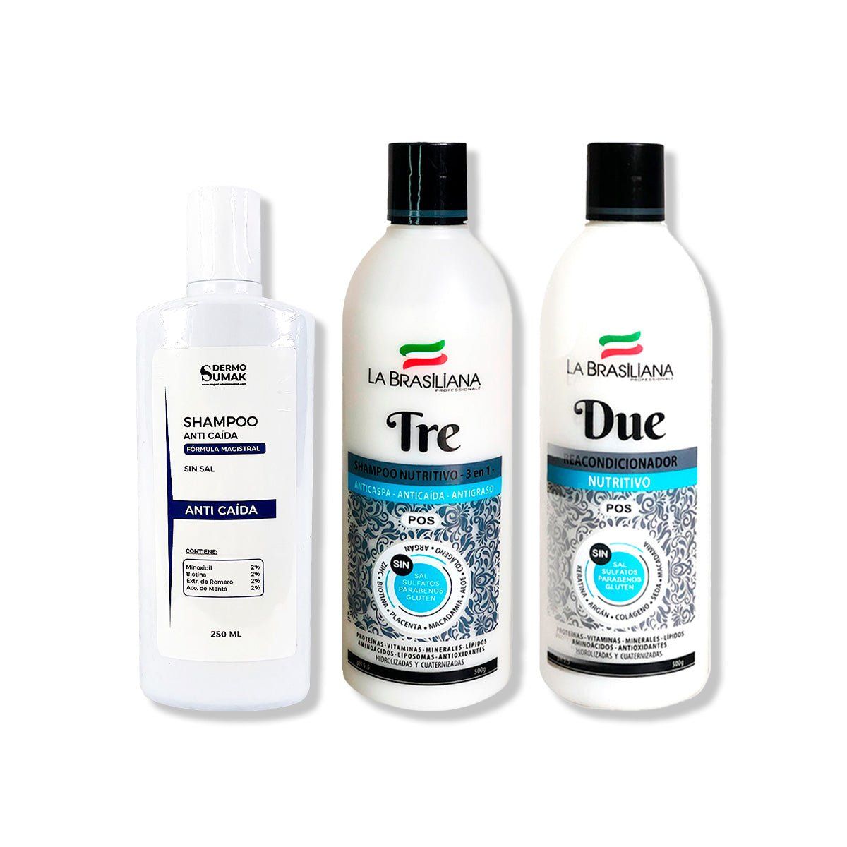 IMPORTADO MC - SHAMPOO ANTICAIDA 250ML + SHAMPOO TRE 500GR + ACONDICIONADOR DUE 500GR