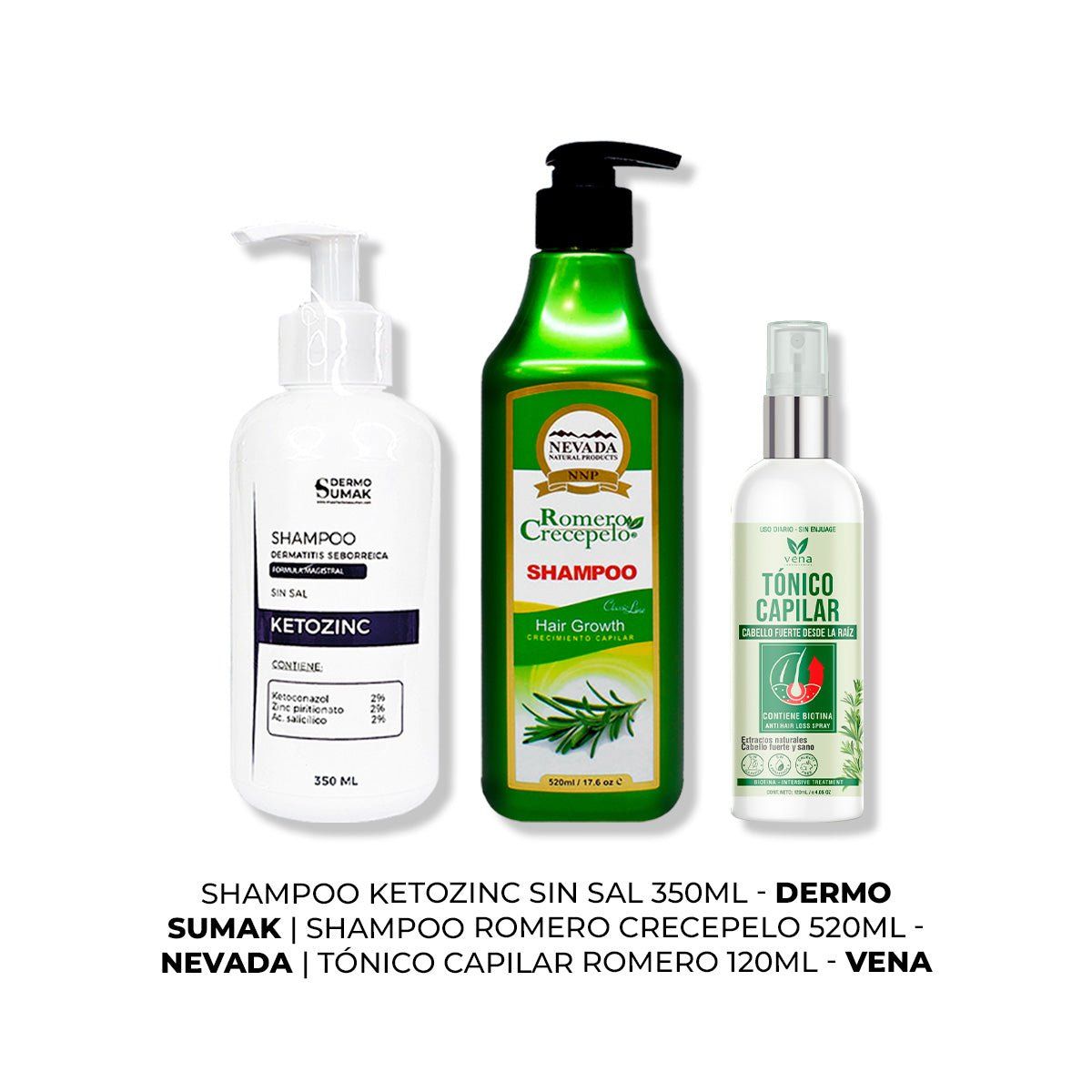 IMPORTADO MC - SHAMPOO KETOZINC 350ML + SHAMPOO ROMERO 520ML + TÓNICO CAPILAR ROMERO