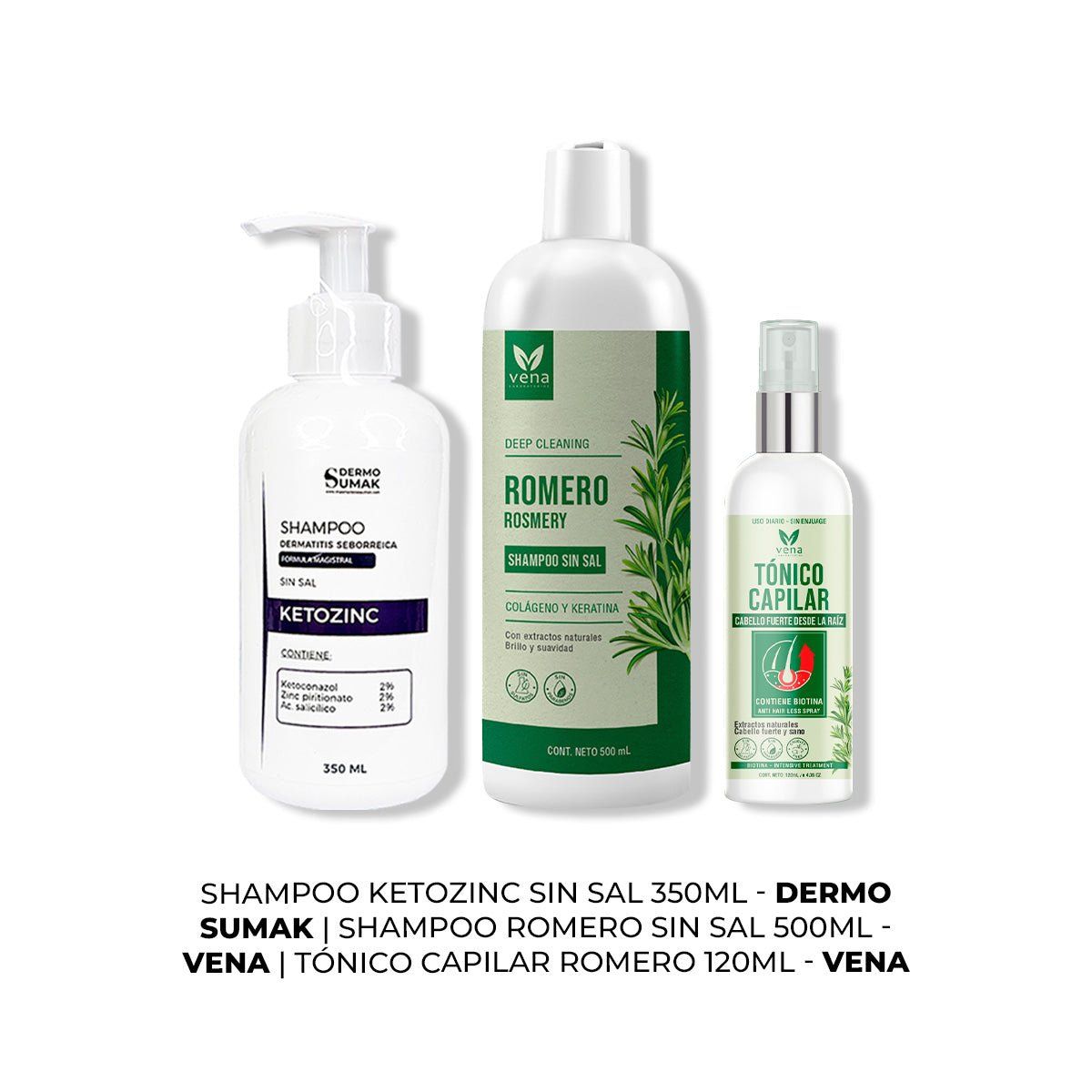 IMPORTADO MC - SHAMPOO SIN SAL KETOZINC + SHAMPOO ROMERO VENA + TÓNICO CAPILAR VENA