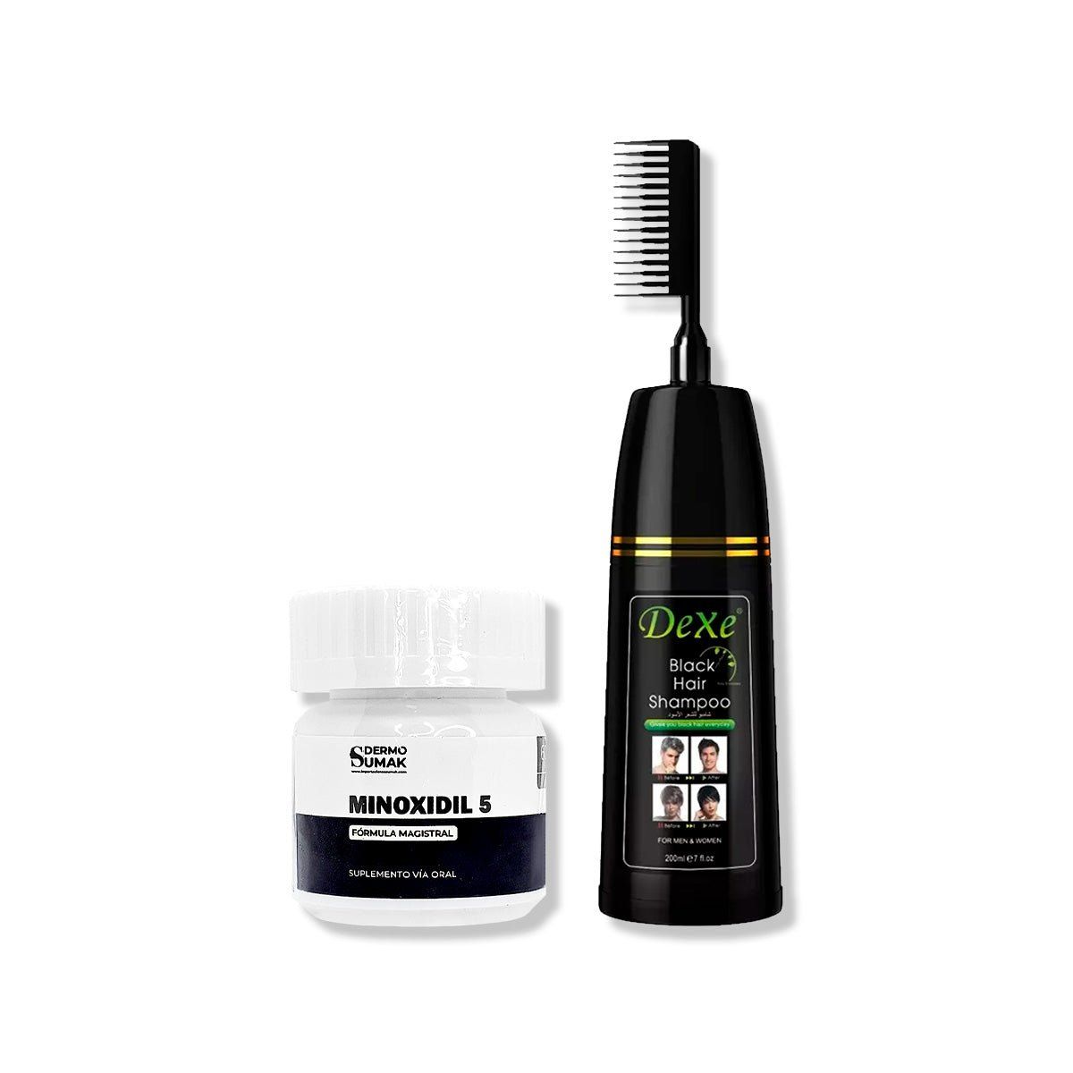 IMPORTADO MC - MINOXIDIL 5MG CAPS 60 + SHAMPOO TINTE NEGRO VERSIÓN PEINE 200ML